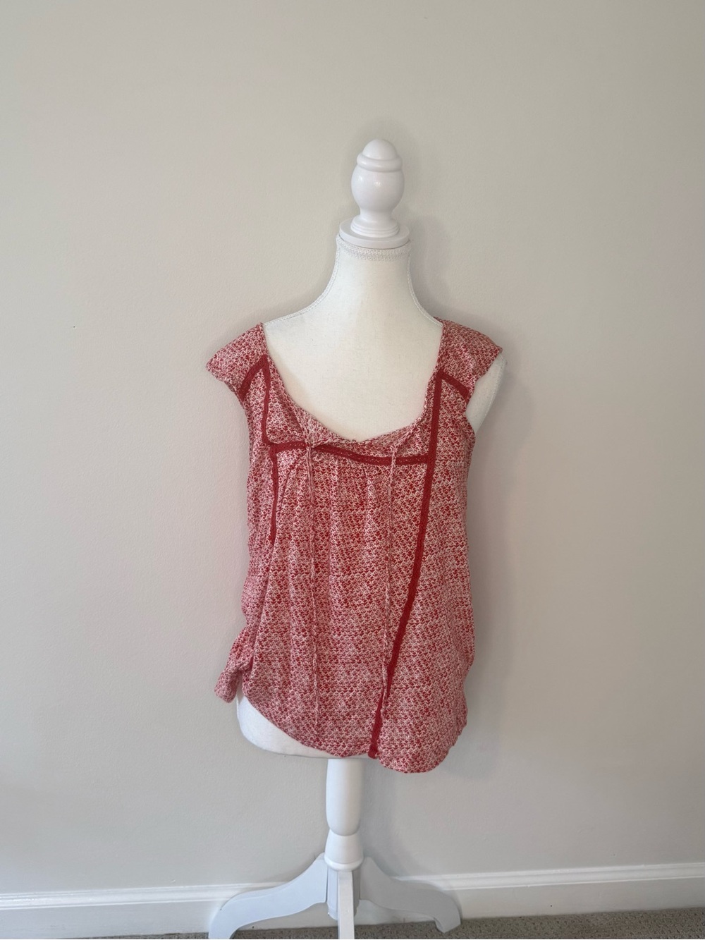 Lucky Brand Flowy Printed Embroidered Tassle Blouse Tank